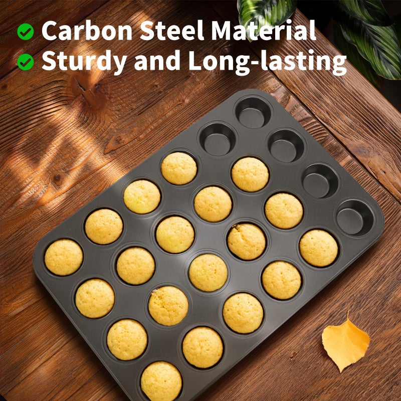 Beasea صينية مافن صغيرة غير لاصقة من Beasea 24 كوبًا، 2 عبوة 24 كوب صغير صغير غير لاصق صينية خبز مافن صينية من الفولاذ الكربوني صينية خبز كب كيك فردية - أسود - Image 4